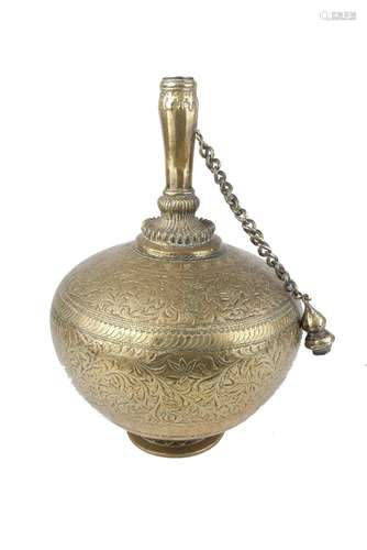 An Indian brass engraved lota,19th century, of bulbous form, the belly decorated with bands of