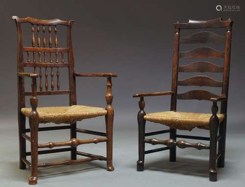 An oak Lancashire rush seated armchair, 19th Century, with spindle back and cylindrical supports