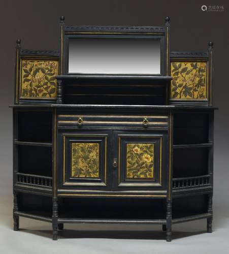 An Aesthetic movement ebonised and parcel gilt side cabinet with four gilt floral decorated