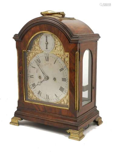 A George III brass mounted mahogany bracket clock, John Thwaites, London, arched brass dial with