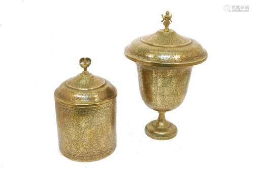 Two Indian brass vessels, late 19th/20th century, each with a lid with finial, one with