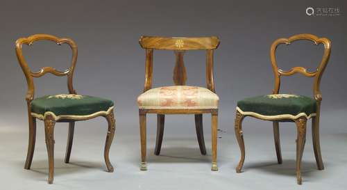 A Regency mahogany and brass inlaid bar back side chair, the top rail inlaid with central rosette