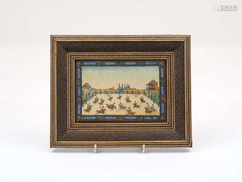 A 20th Century Persian miniature painting on ivory panel within an inlaid rectangular frame,