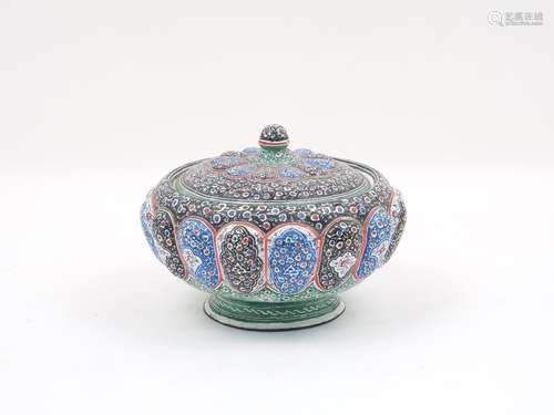 A enamelled jar and cover, 20th century, the body with lobed panels, decorated in polychrome '