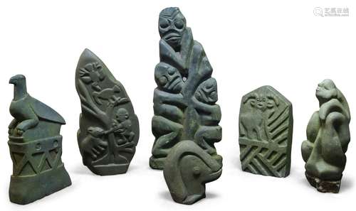 Six various Rhodesian soapstone sculptures, 20th century, to comprise with three large pieces carved