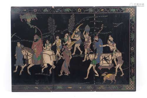 A collection of six 20th century black lacquered wood panels, together forming a Chinese narrative