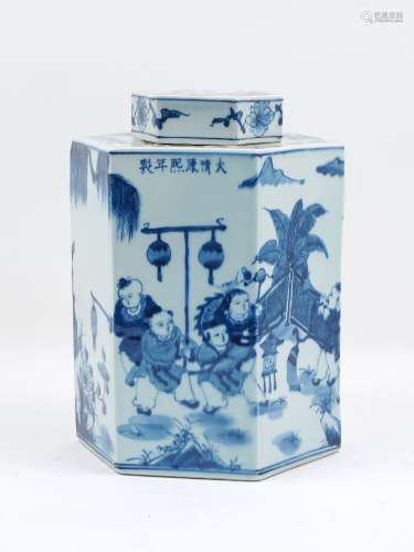 A 20th century Chinese blue and white jar and cover, the hexagonal form body decorated in