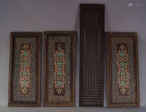 A group of four North African / Egyptian hardwood panels, to include a Mashrabiya hardwood panel,