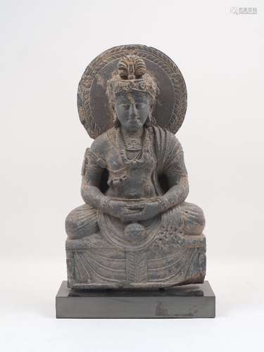 A Gandharan-style large grey schist figure of a meditating buddha, 20th century, modelled wearing