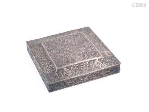 A white metal box and cover, of square form (probably Persian), the body and hinged cover