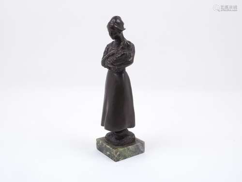 An early 20th century Bronze figure, designed as a Mother and Child, to an onyx square plinth