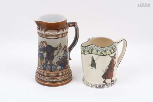 A Mettlach stoneware jug, of typical tapering form, decorated with narrative scene, stamped '1507'