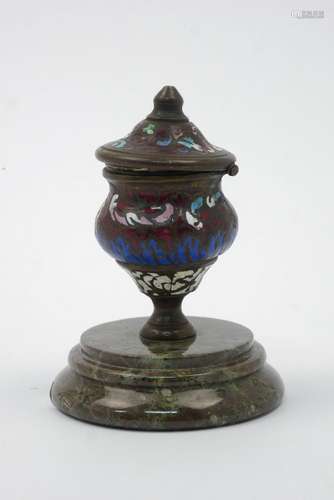 An bronze & enamelled inkwell, 19th century, of urn form with a hinged lid, on a fossil marble