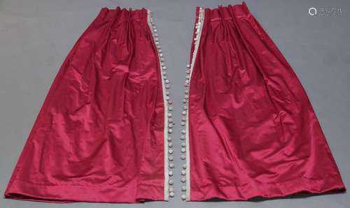 A pair of dark fuschia curtains, 168cm highx approx.76cm wide, together with a set of eight cream