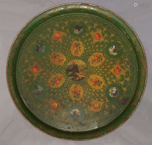 A table top tray, late 19th/early 20th century, the green painted example decorated in recurrent