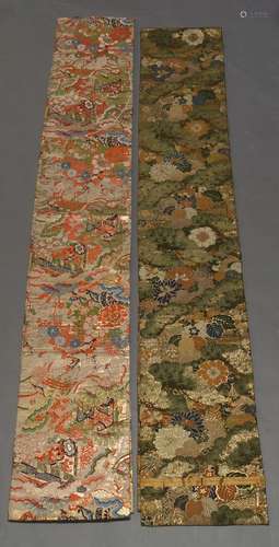 Two Japanese silk obi, 20th century, the long rectangular strips decorated with chrysanthemums and