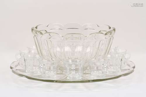 A 20th century Art Deco style glass punch bowl and stand, both of large proportions, of a twelve