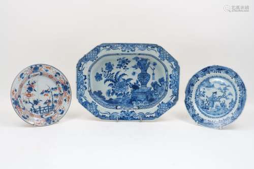 A 19th century Chinese export porcelain meat plate, of rectangular canted form, the bowl with floral