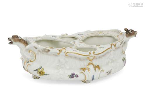 A Meissen porcelain boat shape condiment tray, 18th century, with moulded decoration of flowers