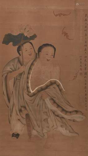 19th century Japanese School, ink and colour on paper, hanging scroll, study of two laughing