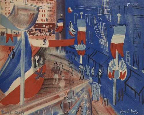 Raoul Dufy, French 1877-1953- La rue Pavoisée à la Bannière Américaine; lithograph in colours on