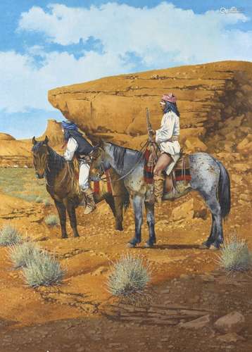 James Dann, British, mid-late 20th century- American cowboys and Native Americans on horseback; oils