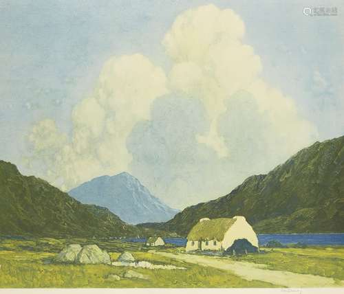 Paul Henry, Irish 1876-1958- Cottages by a bog lake; photolithographic print, signed in pencil,