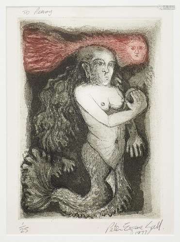 Peter Eugene Ball, British b.1943- Untitled (mermaid), 1977; etching with hand-colouring on wove,