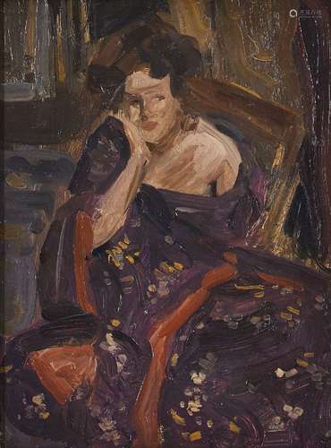 European School, early/mid 20th century- Portrait of a lady seated in an interior; oil on panel,