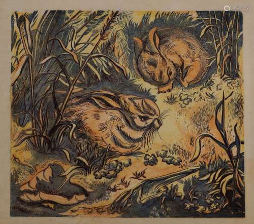 Gertrude Hermes OBE RA, British 1901-1983- Two resting hares in the wild; linocut in colours on laid