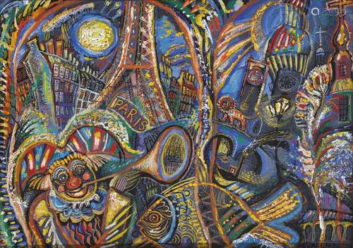 Valentin Blinov, Russian b.1944- La fête à Paris, 2000; mixed media on card, signed and dated '2000'