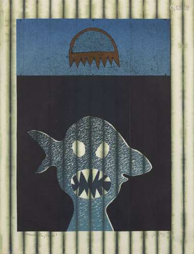 European School, mid-late 20th century- Man eating Shark; mixed technique with lithograph and