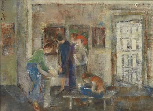 Spaulding, British, mid-late 20th century- Figures in a gallery; oil on canvas, signed, 29.5x39.