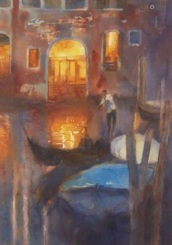 Cecil Rice, British b.1961- Man on gondola in a Venice canal; watercolour, signed in black ink, 73.