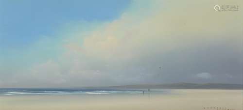 Lawrence Coulson, British b. 1962- Beach scene; oil on panel, signed, 14x29cm (ARR)Please refer to