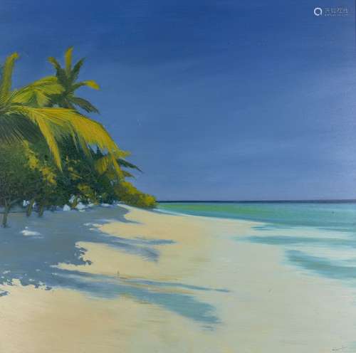 Lawrence Coulson, British b.1962- Tropical beach scene; oil on board, signed, 89x89.5cm (ARR)