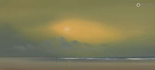 Lawrence Coulson, British b.1962- Figure on an empty beach; oil on board, signed, 13.5x28.5cm (