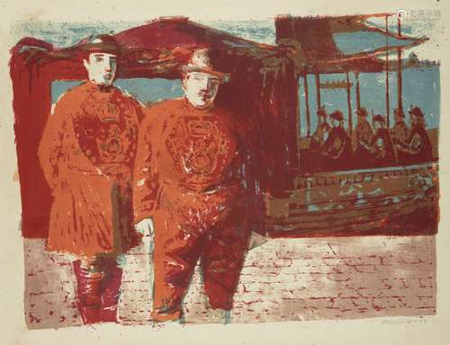 John Bowles, British, mid-late 20th century- Two Beefeaters, c.1953; lithograph in colours, signed