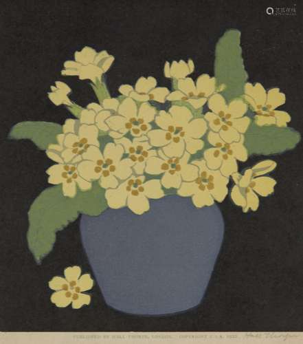 John Hall Thorpe RBA, Australian/British 1874-1947- Primroses; woodcut in colours, signed in pencil,