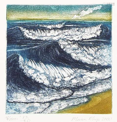 Moma Rhys, British school, late 20th/early 21st century- Waves; aquatint, signed, titled, dated 2000