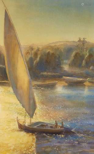 Cecil Rice, British b.1961- Felucca sailing, possibly on the Nile; watercolour, signed in black ink,