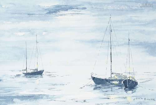 John Baxter, British, mid-late 20th century- Moored yachts at dusk; watercolour, signed, 24x35cm (