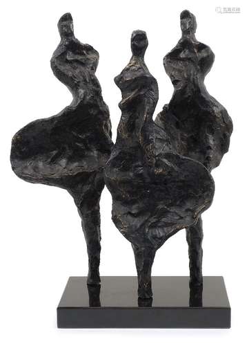 British School, mid-late 20th century- Three Ballerinas; bronze resin mounted on rectangular black