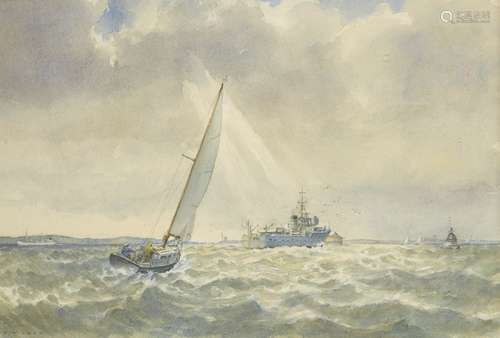 Edward George Marston Wilkes, British b.1914- Minehunter off Portsmouth; watercolour, signed,