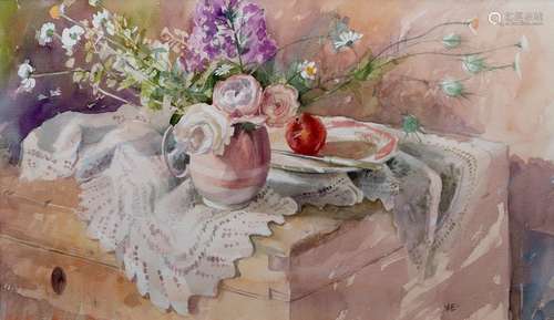 Michael Emmett, British b.1945- A Jug of Spring Flowers and an Apple; watercolour, signed with