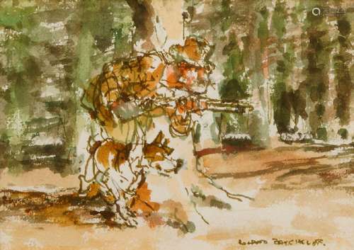 Roland Batchelor RWS, British 1889-1990- The Predators; brown felt-tipped pen and watercolour,