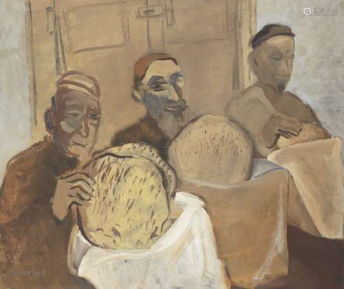 Scarlet, 20th century- Three workers having lunch; oil on canvas, signed, 84.5x99.5cmPlease refer to