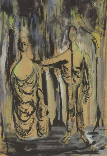 British Neo-Romantic School, c.1940-1950- Two standing draped figures; brush and black ink and wash,