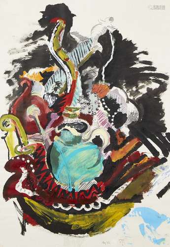 British School, late 20th century- Still life; gouache, signed with initials PB and dated 82,