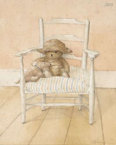 British School, late 20th century- Teddy bears; watercolours, five, signed indistinctly, 28.5x36.6cm